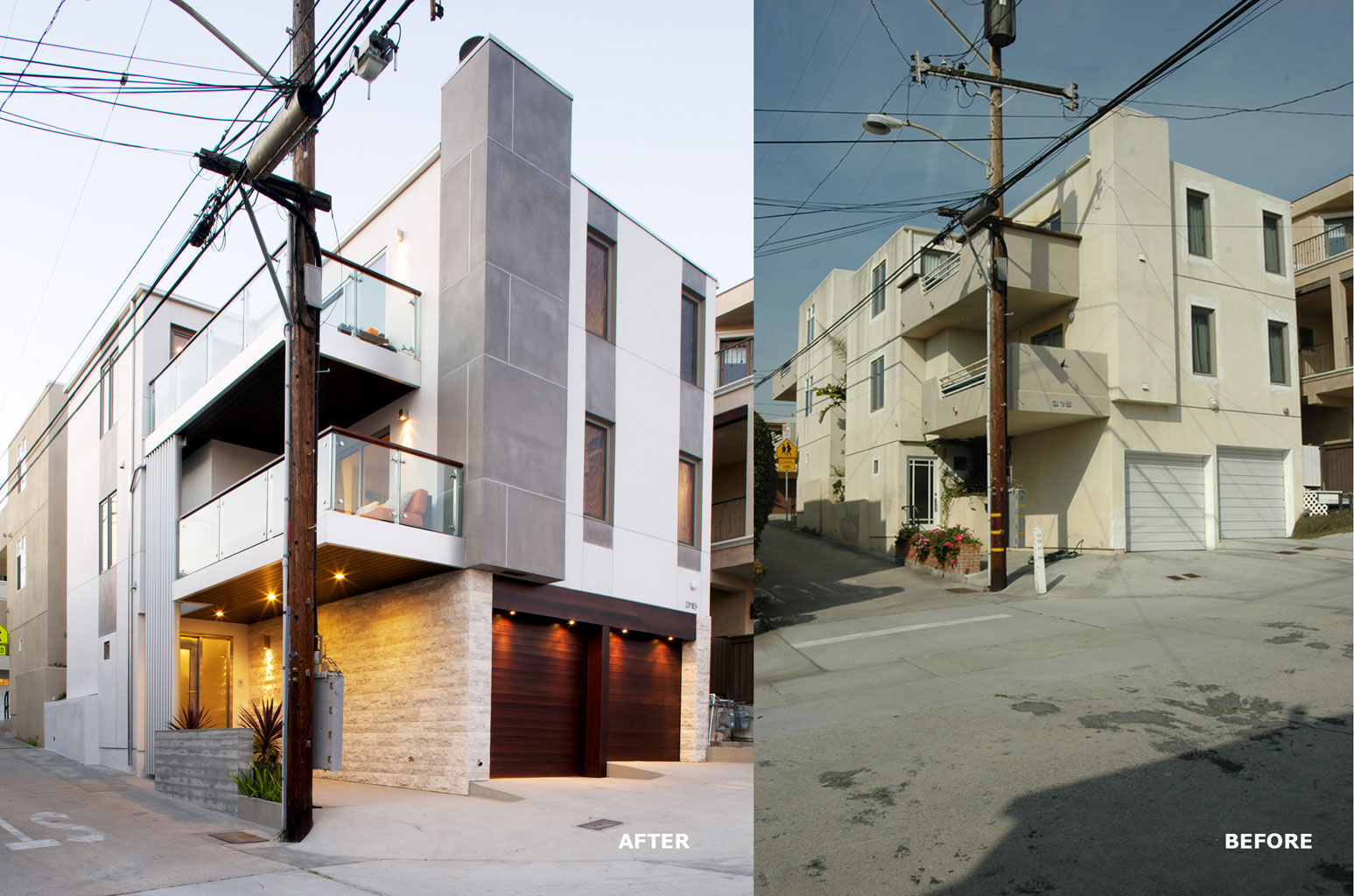 Before & After photos of the 24th Street Residence from the corner of Crest and 24th.