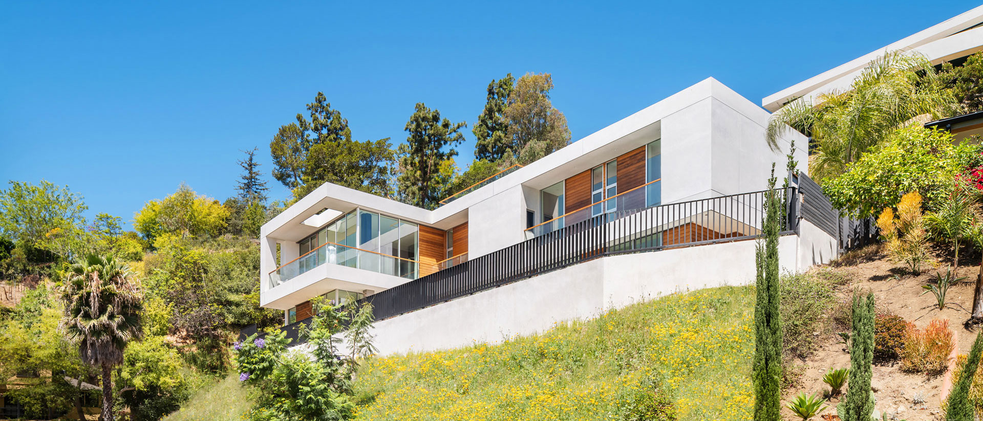 The Devlin Residence sits on a hill covered in California native wildflowers. Photo: © Paul Vu, Here and Now Agency.