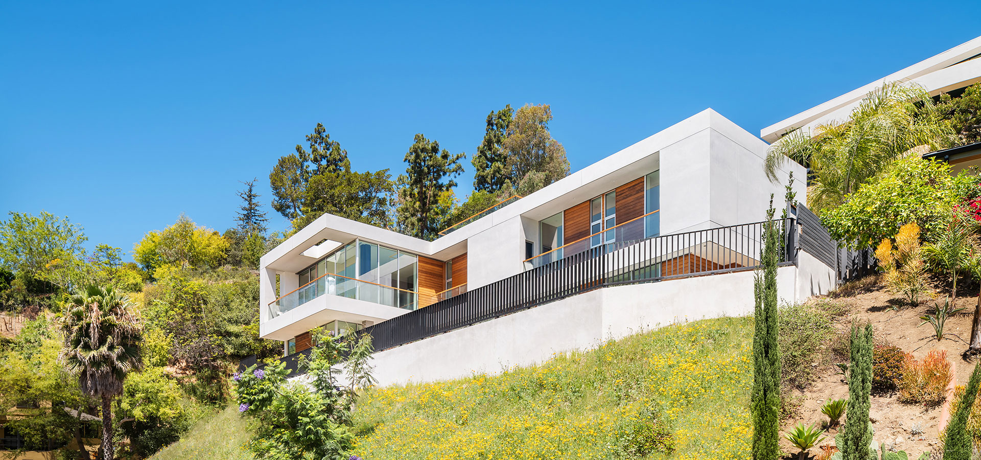 The Devlin Residence sits on a hill covered in California native wildflowers. Photo: © Paul Vu, Here and Now Agency