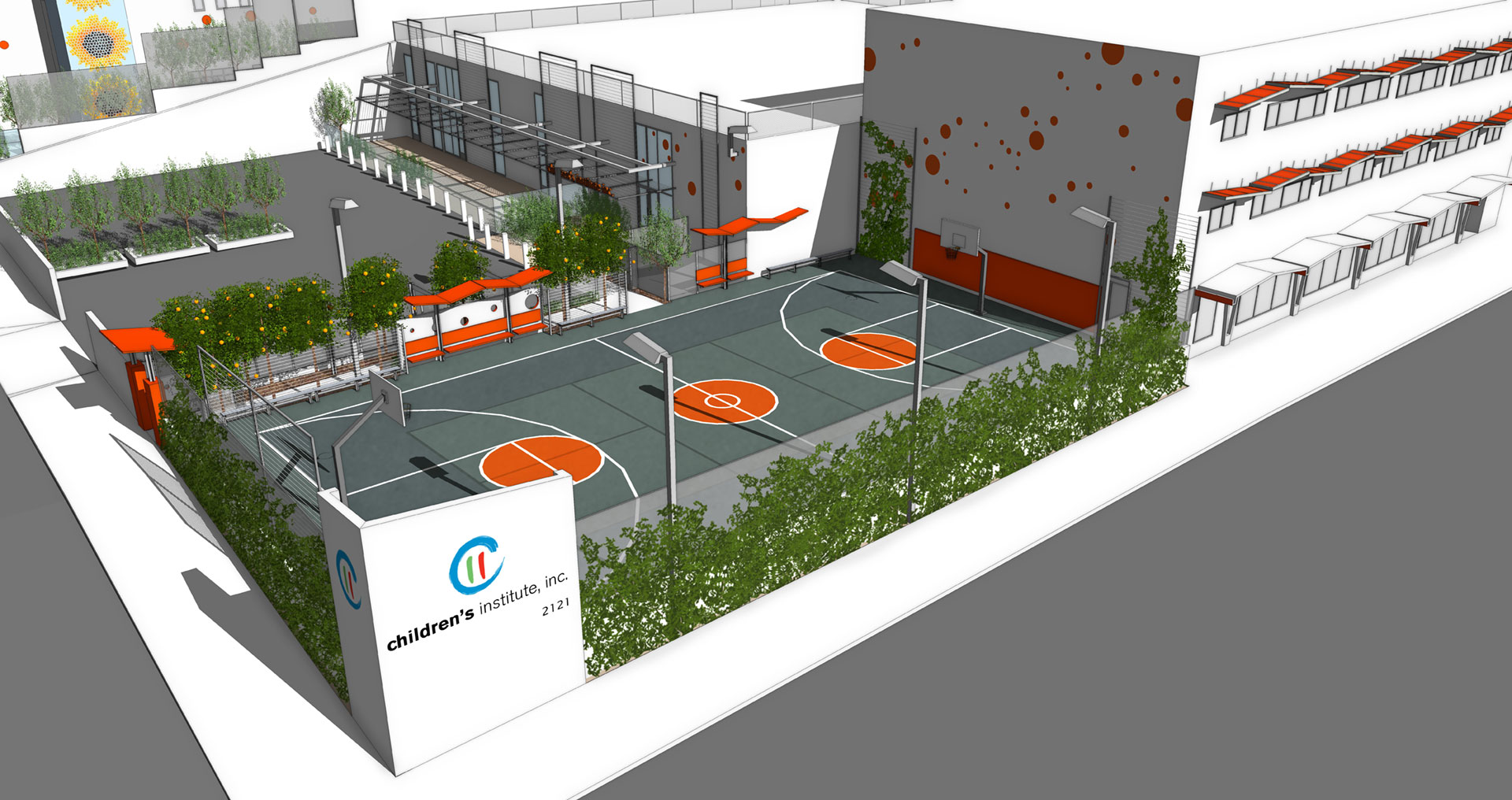 An aerial rendering of the Children’s institute Campus featuring the sports court.