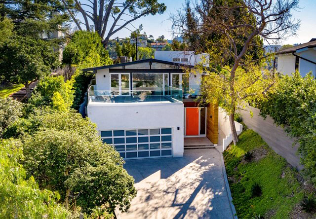 An aerial photo of the Laurelwood House, a restored and reconfigured mid century home.