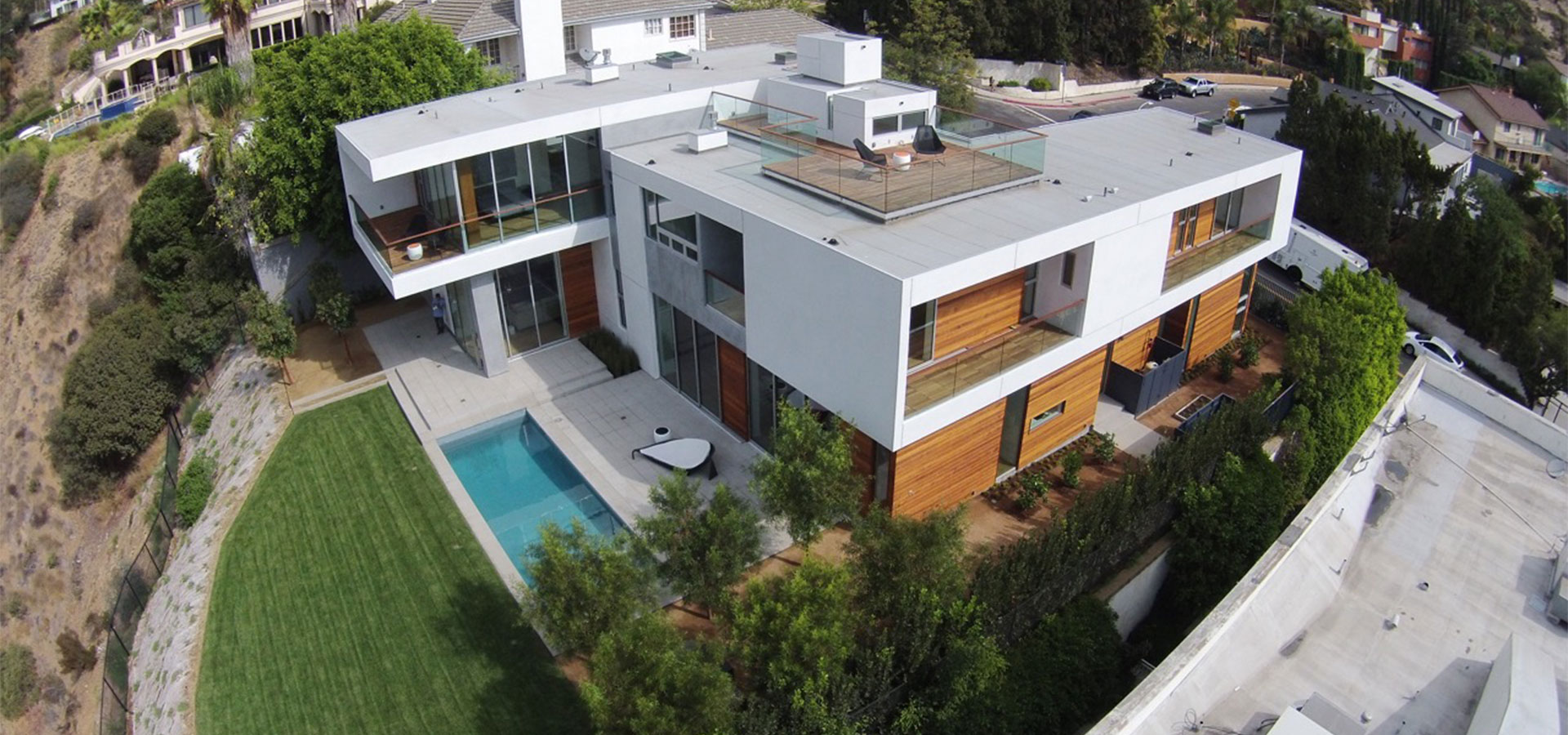 Aerial view of the Mount Olympus Residence, a modern home perched on the edge of Laurel Canyon