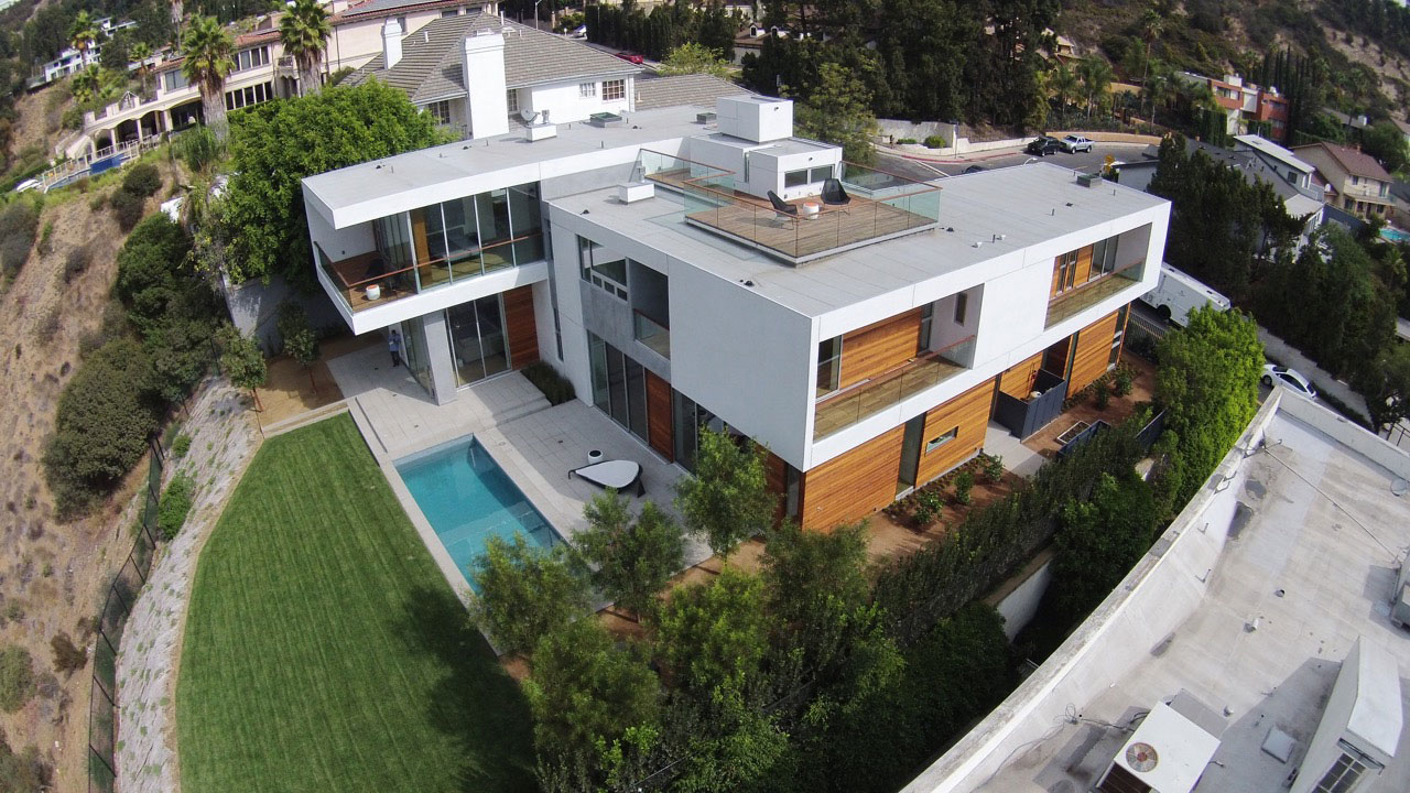 Aerial view of the Mount Olympus Residence, a modern home perched on the edge of Laurel Canyon.