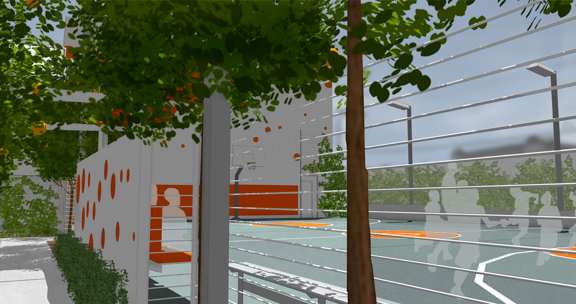 A rendering looking through the fence from the entry to the sports court.