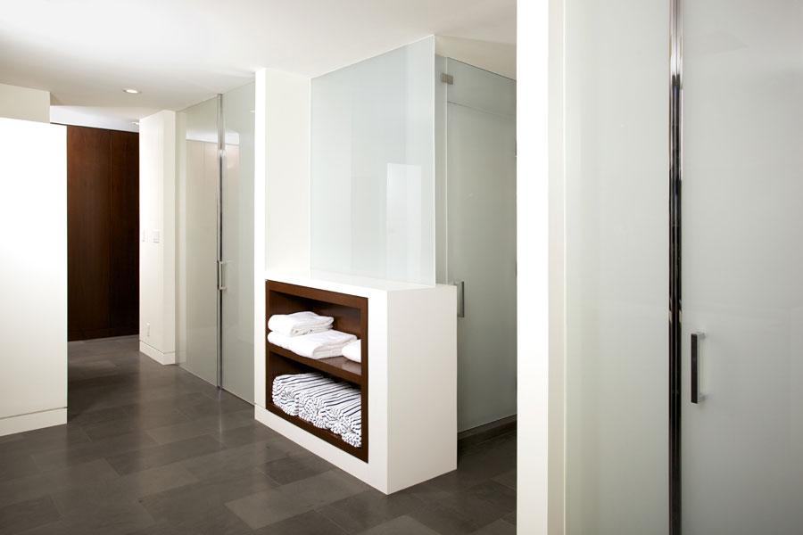 Towel storage next to the shower.