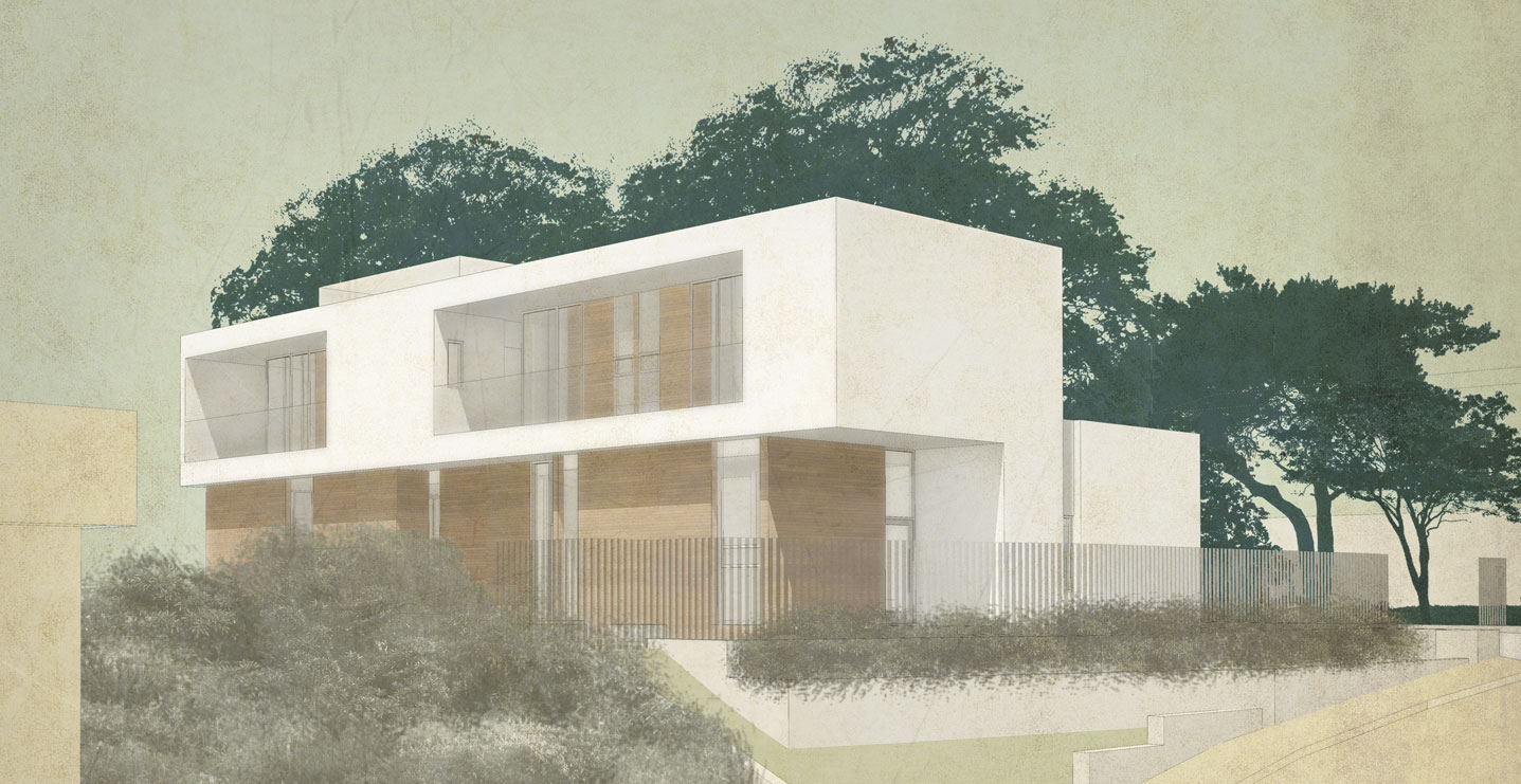 A rendered view of the home from lower on the hill.