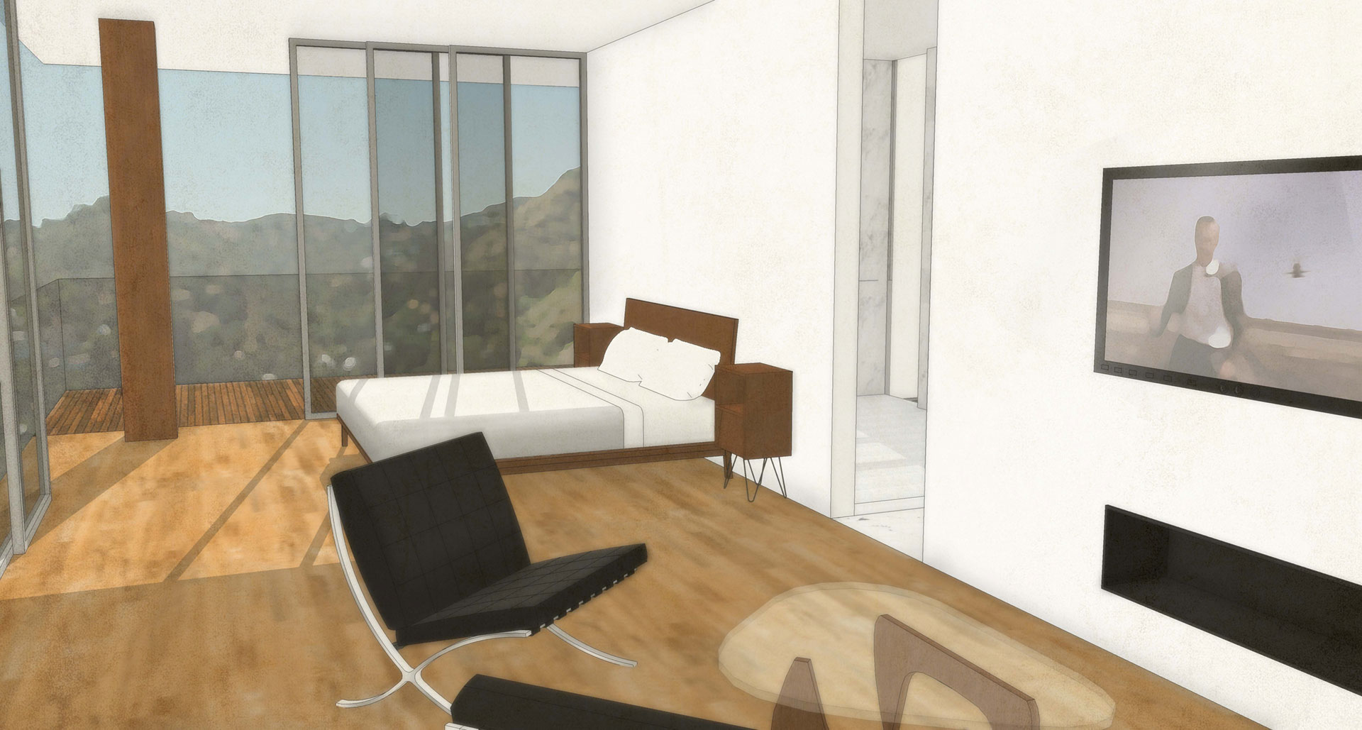 A rendered view of the master bedroom.