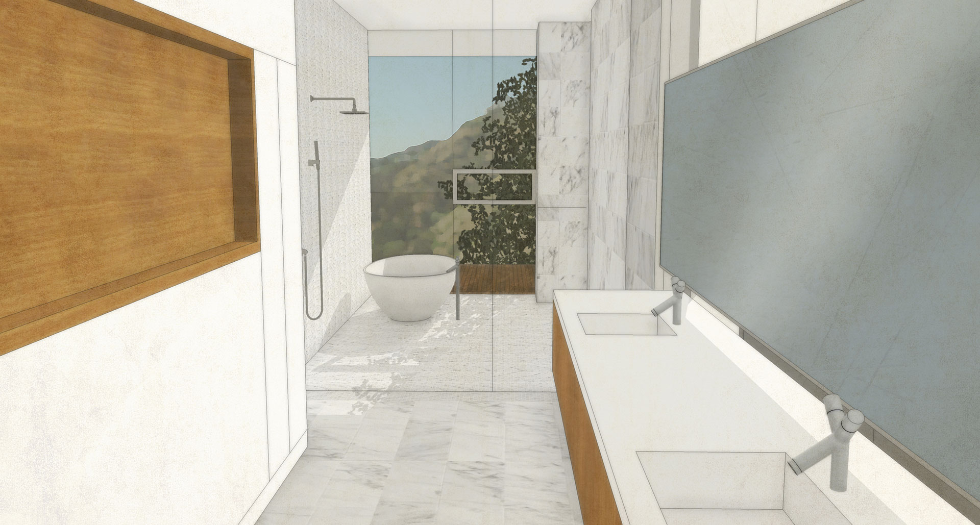A rendered view of the master bathroom.